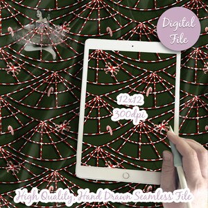 May include: A seamless digital pattern featuring a green background with red and white candy cane stripes forming a spiderweb design. The pattern is 12x12 inches and 300 dpi.