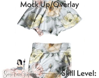 May include: A mock-up of a baby bloomers with a floral pattern. The bloomers are light blue with yellow, pink, and green flowers. The text "Easy to edit Mock Up/Overlay" and "Skill Level: Beginner" is visible in the image.