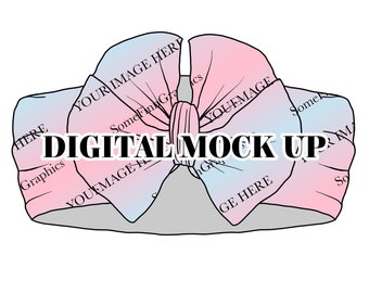May include: A digital mockup of a pink and blue headband with a large bow. The headband is made of fabric and has a tie-dye pattern. The text "DIGITAL MOCK UP" is printed in black on the headband.
