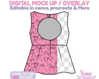 May include: Digital mock-up of a sleeveless top with a pink bow pattern on the left side and a gray circle in the center. The right side has a checkered pattern. Text includes "DIGITAL MOCK UP / OVERLAY" and "SEWING PATTERN NOT INCLUDED".