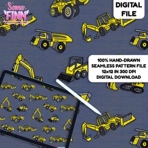 May include: A digital file featuring a hand-drawn seamless pattern of yellow construction vehicles on a dark blue background. The pattern includes various types of construction equipment. The file is 12x12 inches at 300 DPI.
