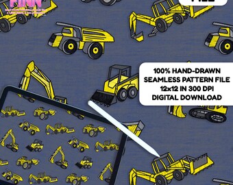 May include: A digital file featuring a hand-drawn seamless pattern of yellow construction vehicles on a dark blue background. The pattern includes various types of construction equipment. The file is 12x12 inches at 300 DPI.