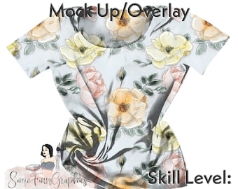 May include: A light blue t-shirt with a floral pattern featuring yellow, pink, and green watercolor roses. The text "Easy to edit Mock Up/Overlay" is at the top of the image. The text "Some Finn Graphics" is at the bottom of the image. The text "Skill Level: Beginner" is at the bottom right of the image.