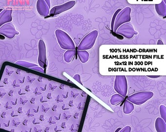 May include: A digital seamless pattern featuring purple butterflies and floral elements on a lavender background. The image includes a tablet displaying the pattern and text that reads "DIGITAL FILE" and "100% HAND-DRAWN SEAMLESS PATTERN FILE 12x12 IN 300 DPI DIGITAL DOWNLOAD."