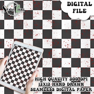 Blood Splatter on Checkered Seamless Pattern / Horror Spatter digital seamless / Halloween printable scrapbooking paper / fabric design