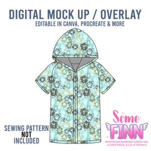 May include: A hooded jacket design with a paw print pattern in shades of blue, green, and gray. The text "DIGITAL MOCK UP / OVERLAY" and "EDITABLE IN CANVA, PROCREATE & MORE" are at the top. The text "SEWING PATTERN NOT INCLUDED" is at the bottom.