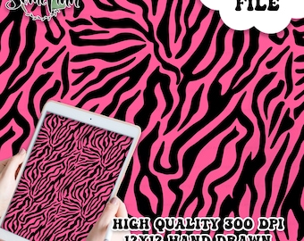 May include: A digital file featuring a seamless zebra print design in black and hot pink. The image includes the text "DIGITAL FILE" and "HIGH QUALITY 300 DPI 12X12 HAND DRAWN SEAMLESS DIGITAL PAPER". A tablet displays the same zebra pattern.