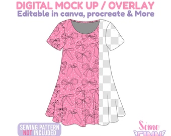 May include: A digital mock-up of a pink dress with a bow pattern, featuring short sleeves and a flared skirt. The text "DIGITAL MOCK UP / OVERLAY" and "Editable in canva, procreate & More" are displayed at the top. The text "SEWING PATTERN NOT INCLUDED" is at the bottom.
