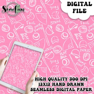 Pink Baseball Digital Paper, Sketchy Seamless Pattern, Baseball Fabric instant download, Play Ball Illustrated Digital Scrapbook Paper
