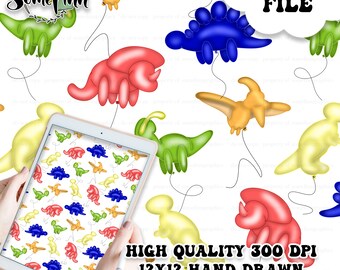 May include: A seamless digital paper pattern featuring colorful dinosaur balloon illustrations. The pattern is 12 inches by 12 inches and 300 DPI. The dinosaurs are drawn in a cartoon style and are flying with strings attached to their tails.