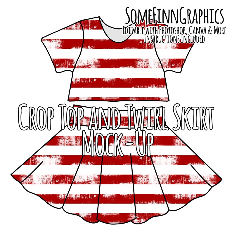 May include: A red and white striped crop top and twirl skirt mockup. The fabric has a distressed look. The text "CROP TOP AND TWIRL SKIRT MOCK-UP" is written in black.