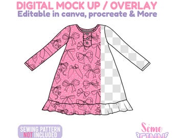 May include: A pink dress design with long sleeves and a ruffle hem, featuring a bow pattern. The text "DIGITAL MOCK UP / OVERLAY" and "Editable in canva, procreate & More" are displayed at the top. The text "SEWING PATTERN NOT INCLUDED" is also visible.