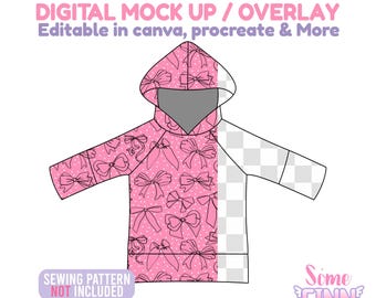May include: Digital mock-up of a pink hoodie with a bow pattern. The hoodie design is on the left side, while the right side is a transparent grid. Text at the top reads "DIGITAL MOCK UP / OVERLAY". The bottom left corner says "SEWING PATTERN NOT INCLUDED".