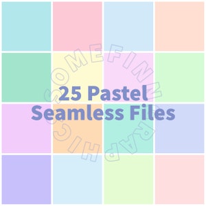 May include: A digital collage of 25 pastel colored squares. The squares are arranged in a grid pattern. The text "25 Pastel Seamless Files" is in the center of the image.