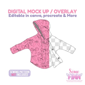 May include: Digital mock-up of a pink hooded jacket with a bow pattern. The jacket design is partially filled with a pink and white bow pattern, and the other half is transparent. Text includes "DIGITAL MOCK UP / OVERLAY" and "SEWING PATTERN NOT INCLUDED."