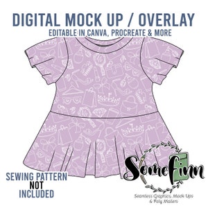 Puede incluir: Una maqueta digital lila de un vestido de manga corta con falda acampanada, adornada con un patrón blanco de accesorios de moda. El texto "DIGITAL MOCK UP / OVERLAY" y "EDITABLE IN CANVA, PROCREATE & MORE" está en la parte superior. El texto "SEWING PATTERN NOT INCLUDED" está en la parte inferior.