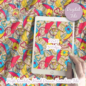 May include: A digital file featuring a repeating pattern of cowboy boots, hats, and lassos in red, yellow, and blue on a beige background. The image includes the text "Digital File", "12x12 300dpi", and "High Quality, Hand Drawn Seamless File".