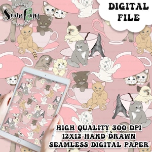 Carta digitale con gatti in tazza da tè, motivo a gatto senza soluzione di continuità per tessuto e carta per scrapbooking, gattini in tazze da tè, tenero animale domestico coccoloso, scarica il gatto per la festa del tè