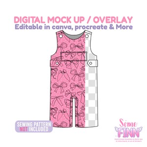 May include: A pink baby jumpsuit mockup with a bow pattern and white polka dots. The text "DIGITAL MOCK UP / OVERLAY" and "Editable in canva, procreate & More" are displayed at the top. The text "SEWING PATTERN NOT INCLUDED" is at the bottom.