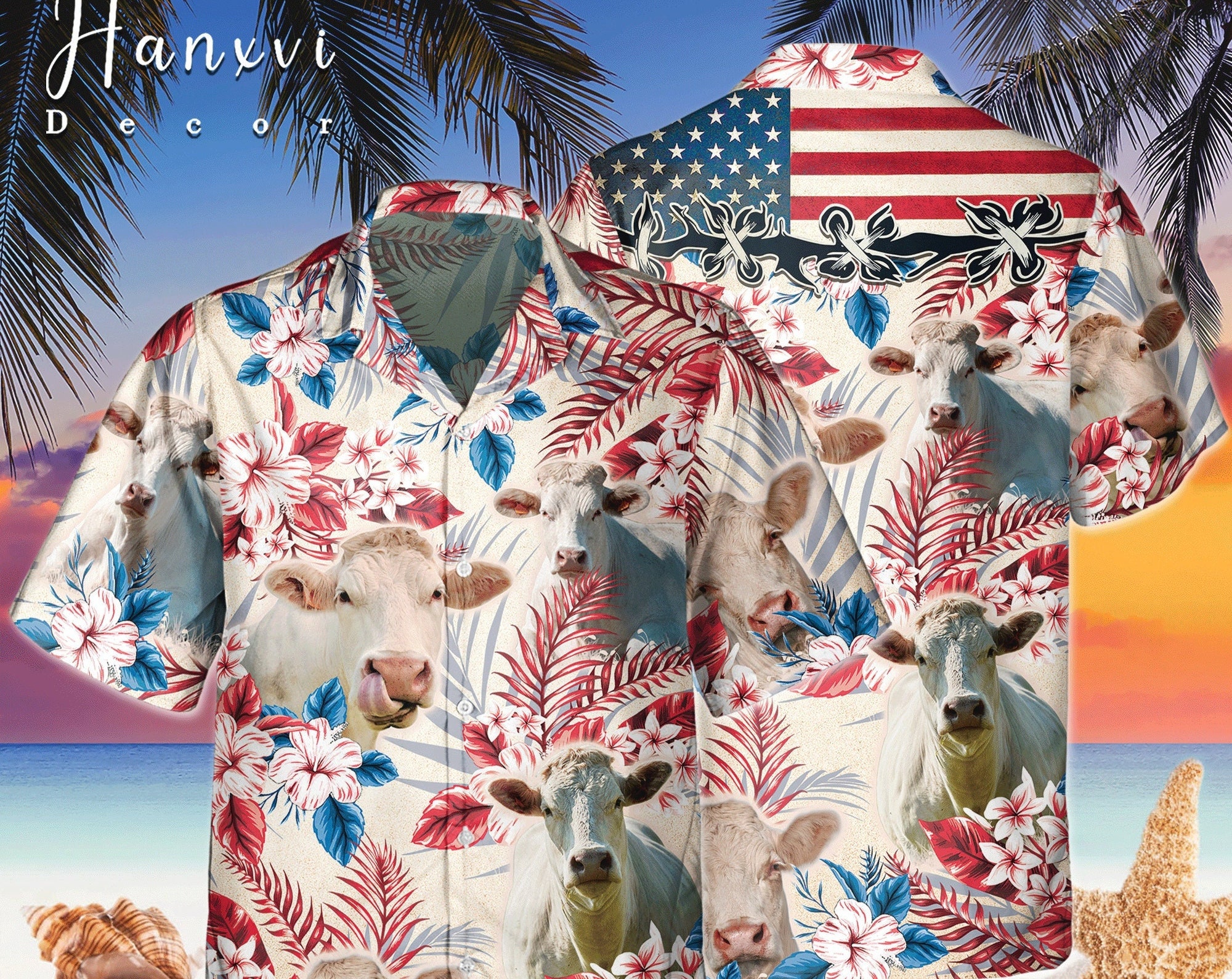 Discover Charolais Cow Tropical Hawaii Shirt, American Flag Cattle Hawaiian Shirt