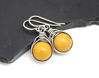 Mookaite and Solid Sterling Silver Wire Wrapped Earrings. Sunny Summer Sterling Silver Earrings. Golden Yellow Earrings. Best Friend Gift