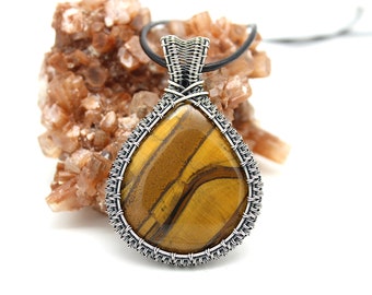 Tiger Eye and Sterling Silver Wire Woven Pendant. Nature Lovers Gift. Outdoor Enthusiast Hiker Gift. Mens Natural Stone Jewelry