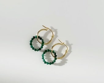 Malachite Earrings/ Malachite Stone Dangles/Interlocking Drop Earrings/14K Goldfilled Hoops/Small Malachite Jewels/ Green Gemstone Hoops