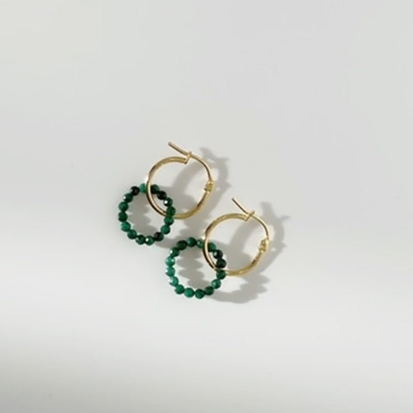 14K Gold Filled Malachite Hoop Earrings, Interlocking Dangles