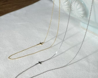 Sideway Cross Necklace/ Sterling Silver Cross Necklace/ Dainty Gold Cross Necklace/ Gift for her/ Tiny Cross Necklace