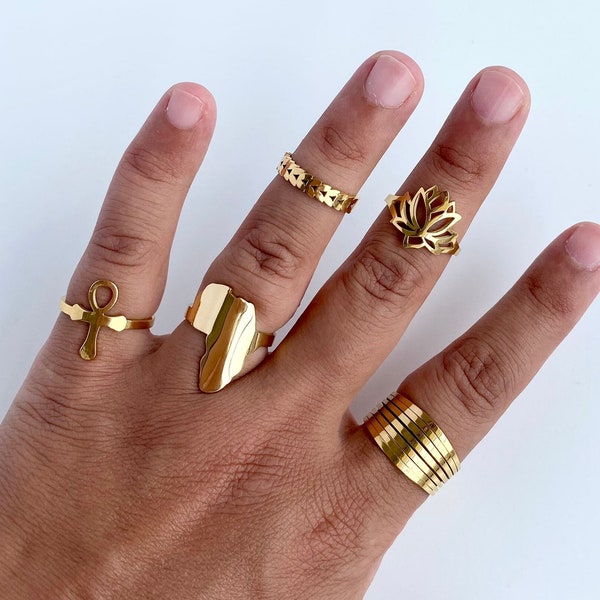 Map of Africa ring, ankh key of life ring, lotus flower ring, wheat band midi, 18k gold plated rings, stainless steel silver rings