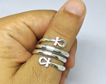 ankh key of life ring, sterling silver triple coil double ankh ring, Egyptian Jewelry