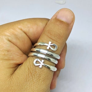 ankh key of life ring, sterling silver triple coil double ankh ring, Egyptian Jewelry