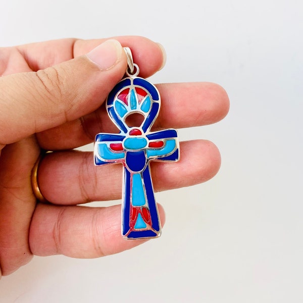 Ankh key of life sterling silver pendant necklace with natural lapis lazuli Egyptian Jewelry