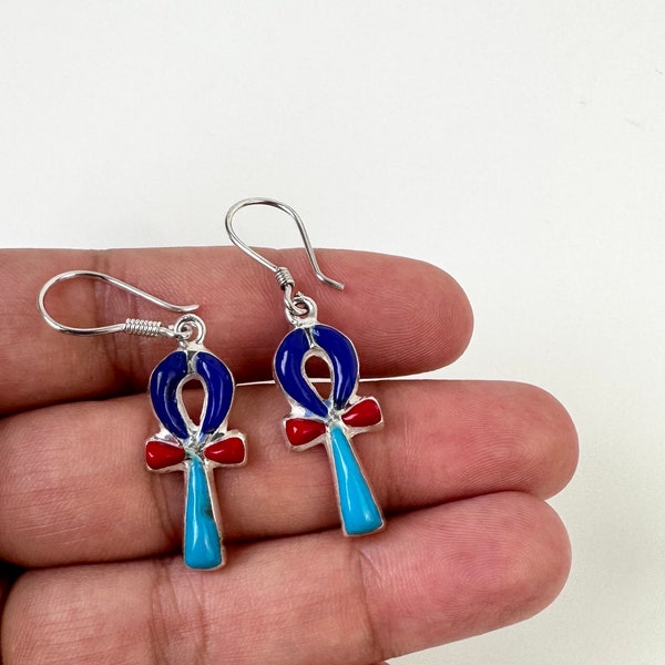 Colorful ankh key of life dangle earrings sterling silver 925 dangle and drop earrings with lapis lazuli gemstones Egyptian jewelry