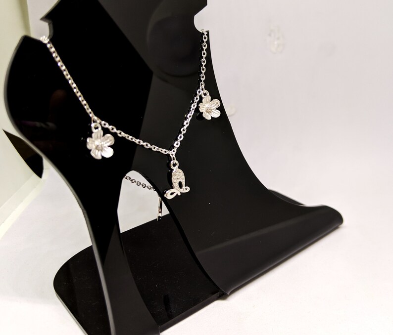 floral hearts with white sapphire and sterling silver ankle bracelet Dainty Anklet silver anklet