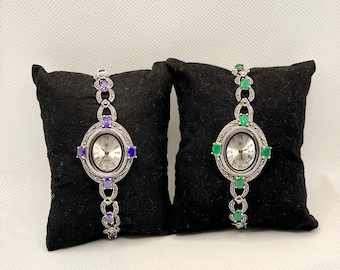 Marcasite Sterling Silver 925 Quartz wrist watch for ladies women. with green, purple Zircon gemstones