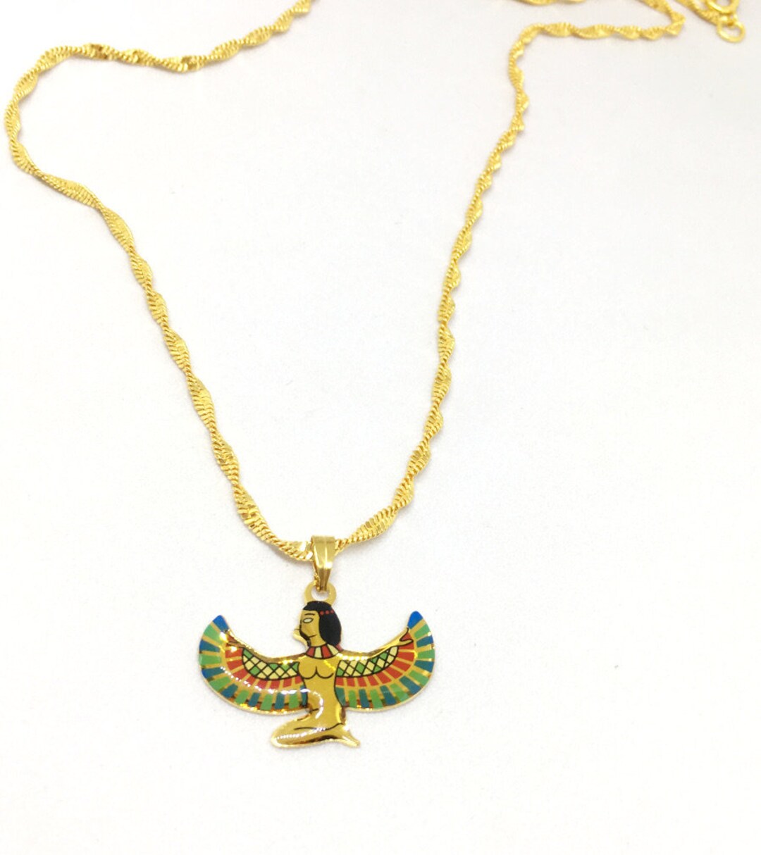 Egyptian Winged Goddess Pendant Gold Tone Necklace. Colorful - Etsy