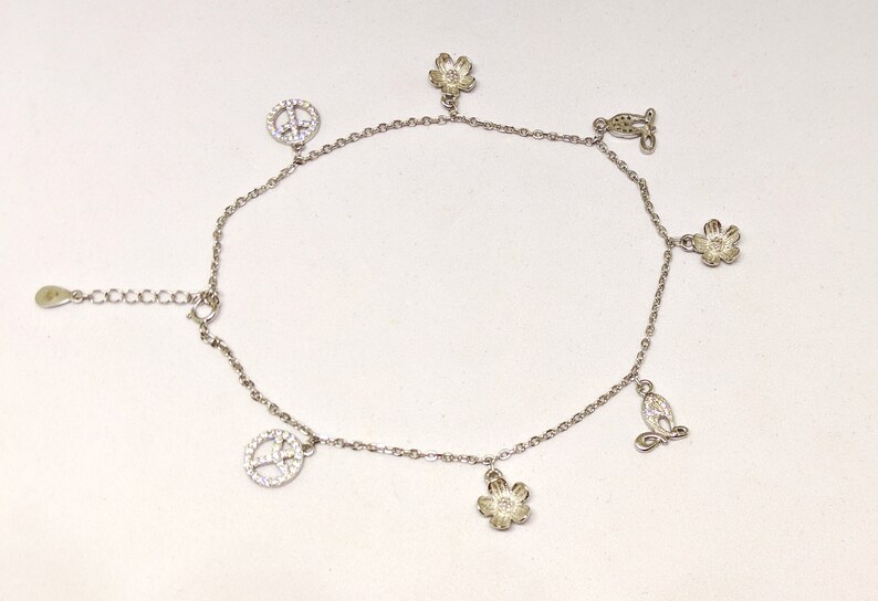 floral hearts with white sapphire and sterling silver ankle bracelet Dainty Anklet silver anklet