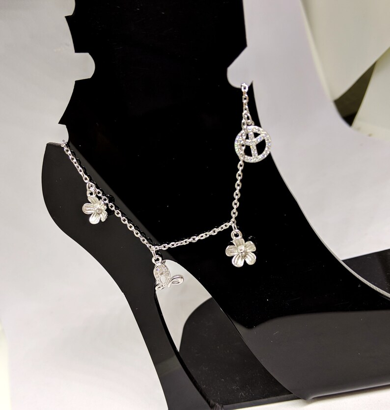 floral hearts with white sapphire and sterling silver ankle bracelet Dainty Anklet silver anklet