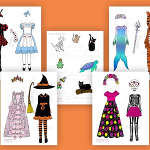 May include: Set of printable paper dolls with various costumes, including a ladybug, Alice in Wonderland, a witch, a mermaid, a tiger, a princess, and a Day of the Dead skeleton. Each doll has multiple outfit options to mix and match.