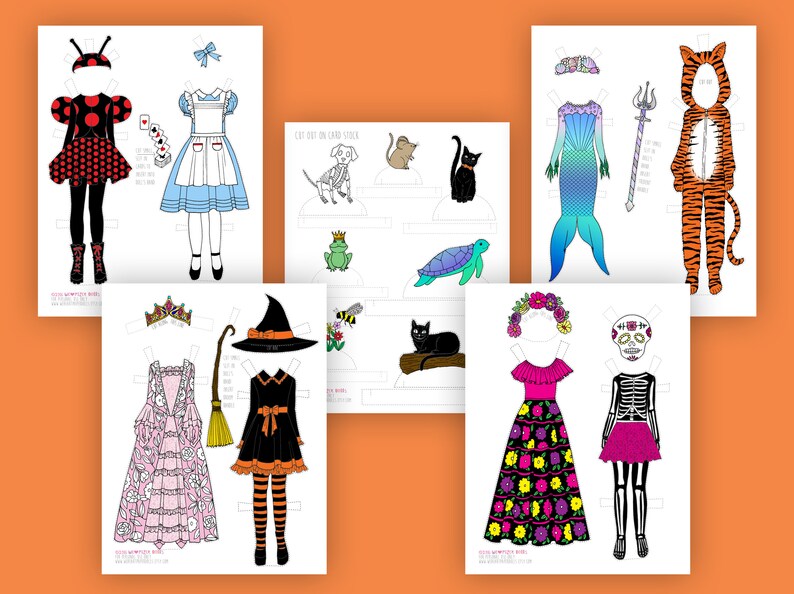 May include: Set of printable paper dolls with various costumes, including a ladybug, Alice in Wonderland, a witch, a mermaid, a tiger, a princess, and a Day of the Dead skeleton. Each doll has multiple outfit options to mix and match.