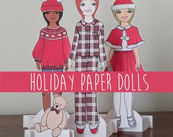 Afdrukbare Paper Doll-kerstset, vakantieoutfits (digitale download)
