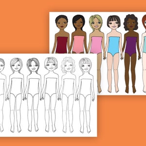 May include: A printable paper doll set featuring six different dolls, each with a unique skin tone and hairstyle. The dolls are all wearing simple, strapless dresses. The dolls are ready to be coloured and dressed up.