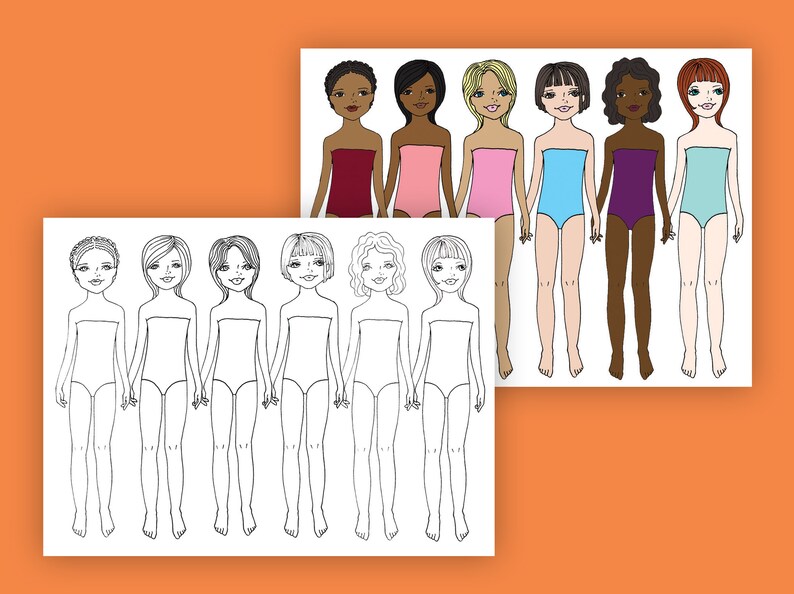 May include: A printable paper doll set featuring six different dolls, each with a unique skin tone and hairstyle. The dolls are all wearing simple, strapless dresses. The dolls are ready to be coloured and dressed up.