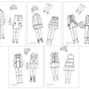 May include: A printable paper doll set with different outfits for a girl. The outfits include a coat, dress, skirt, and pants. The paper doll set is black and white.