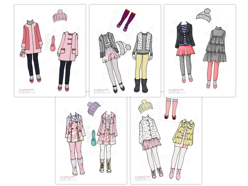 May include: A set of paper dolls with different outfits for winter. The dolls are wearing hats, coats, dresses, and boots. The outfits are in various colors, including pink, blue, red, and gray.