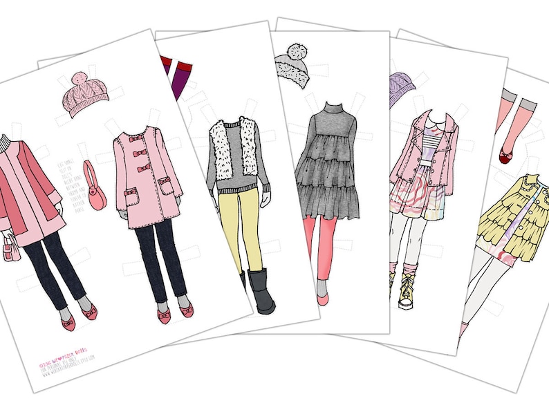 May include: A paper doll set with various outfits for a girl. The outfits include a pink coat, a grey sweater with a white fur vest, a grey dress, a pink jacket with a striped shirt, and a yellow jacket with a floral skirt. The set also includes accessories like hats, shoes, and a purse.