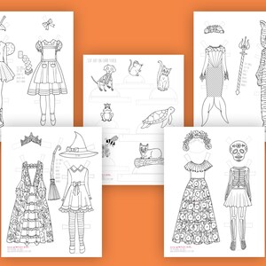 May include: A set of printable paper dolls for Halloween. The dolls are dressed in various costumes, including a witch, a mermaid, a skeleton, and a cat. The dolls are black and white and can be coloured in.