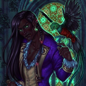 May include: A person with dark hair wearing a purple and gold patterned jacket and trousers, holding a dagger in one hand and a green and red bird in the other. The person is standing in front of a stained glass window.