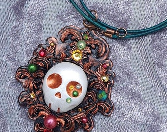 Gothic Baroque frame Memento Mori Skull Pendant Necklace in Copper and Autumn/Holiday Color Gems
